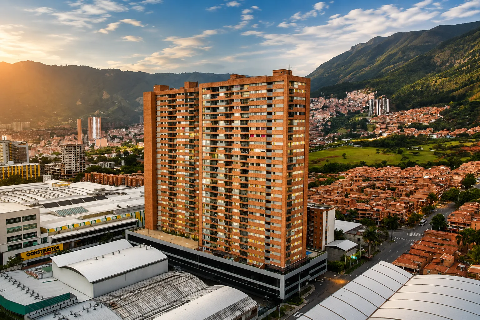 La torre de Nórdica sobre el valle de Aburrá al atardecer