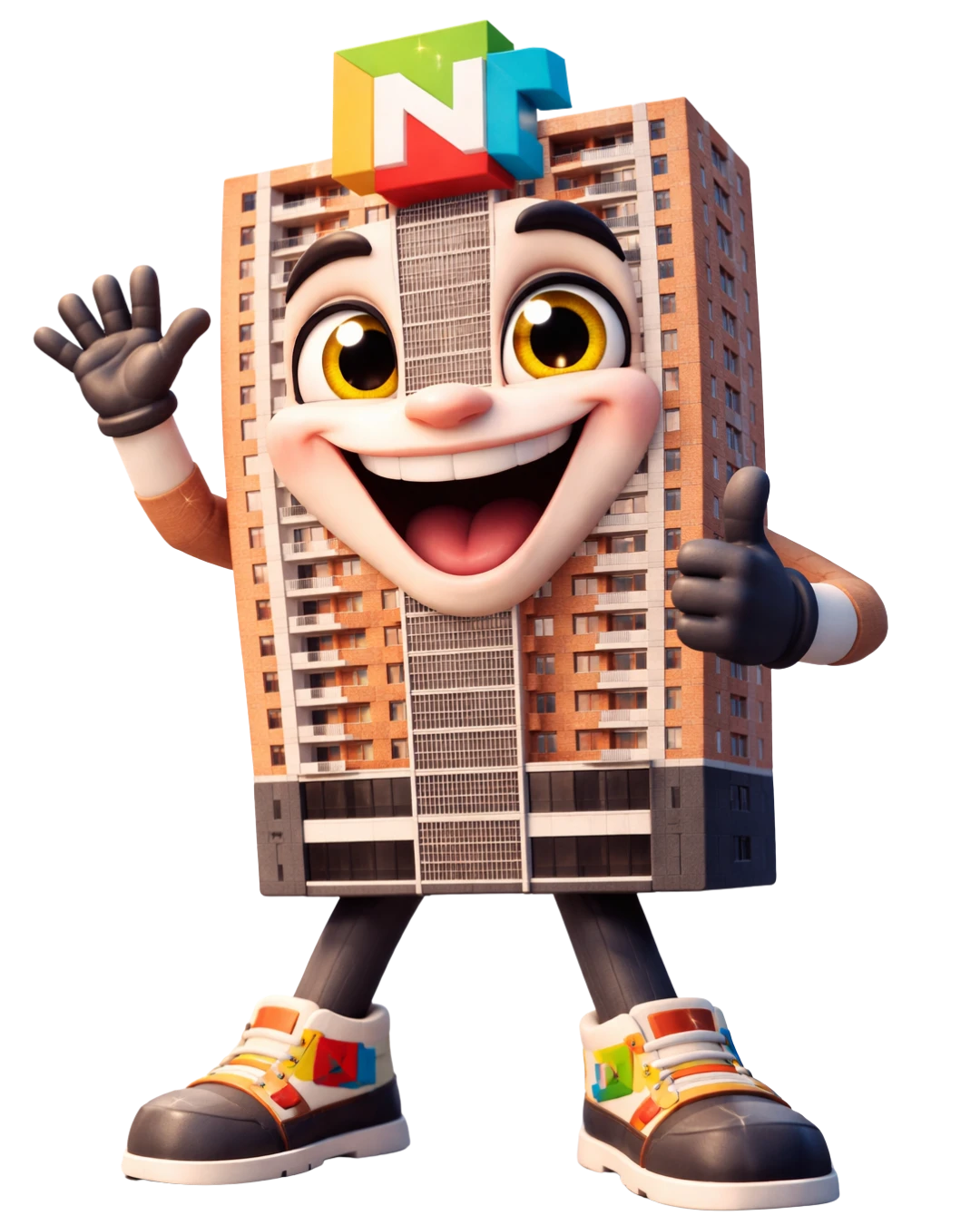 Nordi, la mascota de Nórdica: la torre del conjunto con brazos y piernas, saludando